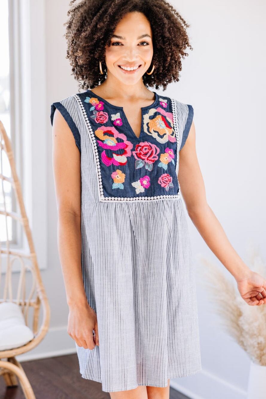 Savanna Jane Floral Embroidered Striped Sleeveless Dress Size S Small NWT Blue
